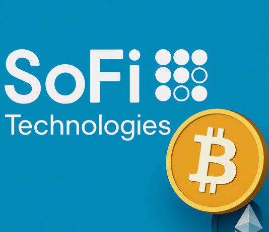 SoFi Technologies Logo mit Bitcoin und Ethereum