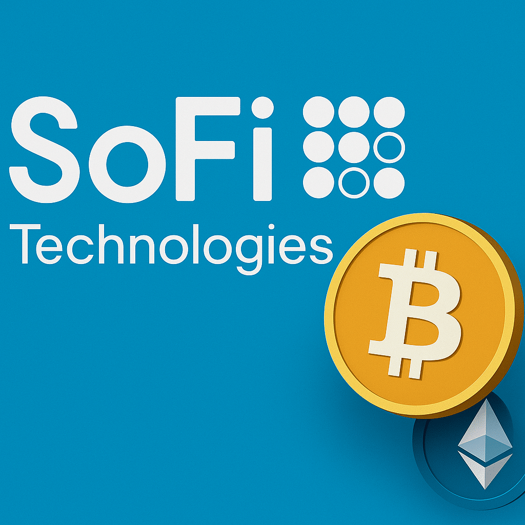 SoFi Technologies Logo mit Bitcoin und Ethereum