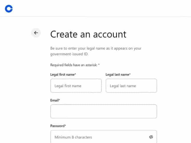 Coinbase Registrierungsseite zum Erstellen eines neuen Kontos mit Eingabefeldern für E-Mail, Passwort und persönlicher Anmeldung.