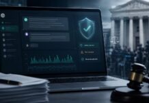 Futuristic legal-tech workspace in focus