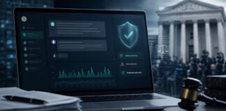 Futuristic legal-tech workspace in focus