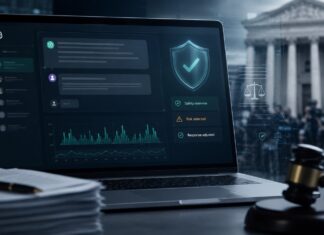 Futuristic legal-tech workspace in focus