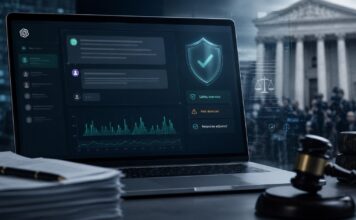 Futuristic legal-tech workspace in focus