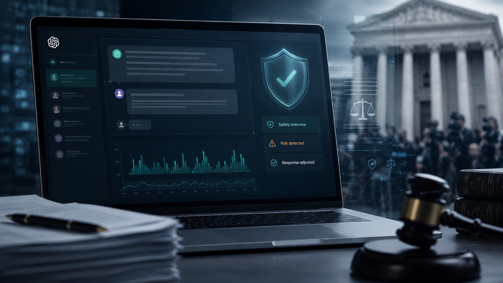 Futuristic legal-tech workspace in focus