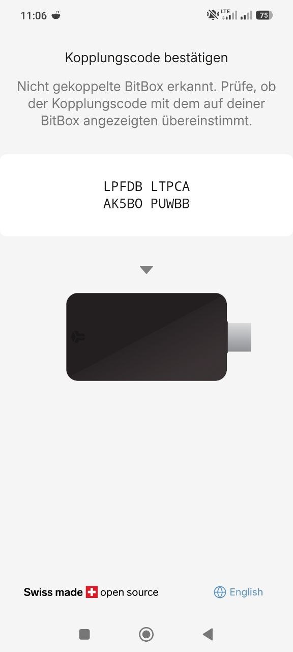 Smartphone zeigt Kopplungscode zur mobilen Einrichtung der BitBox02 Hardware-Wallet.