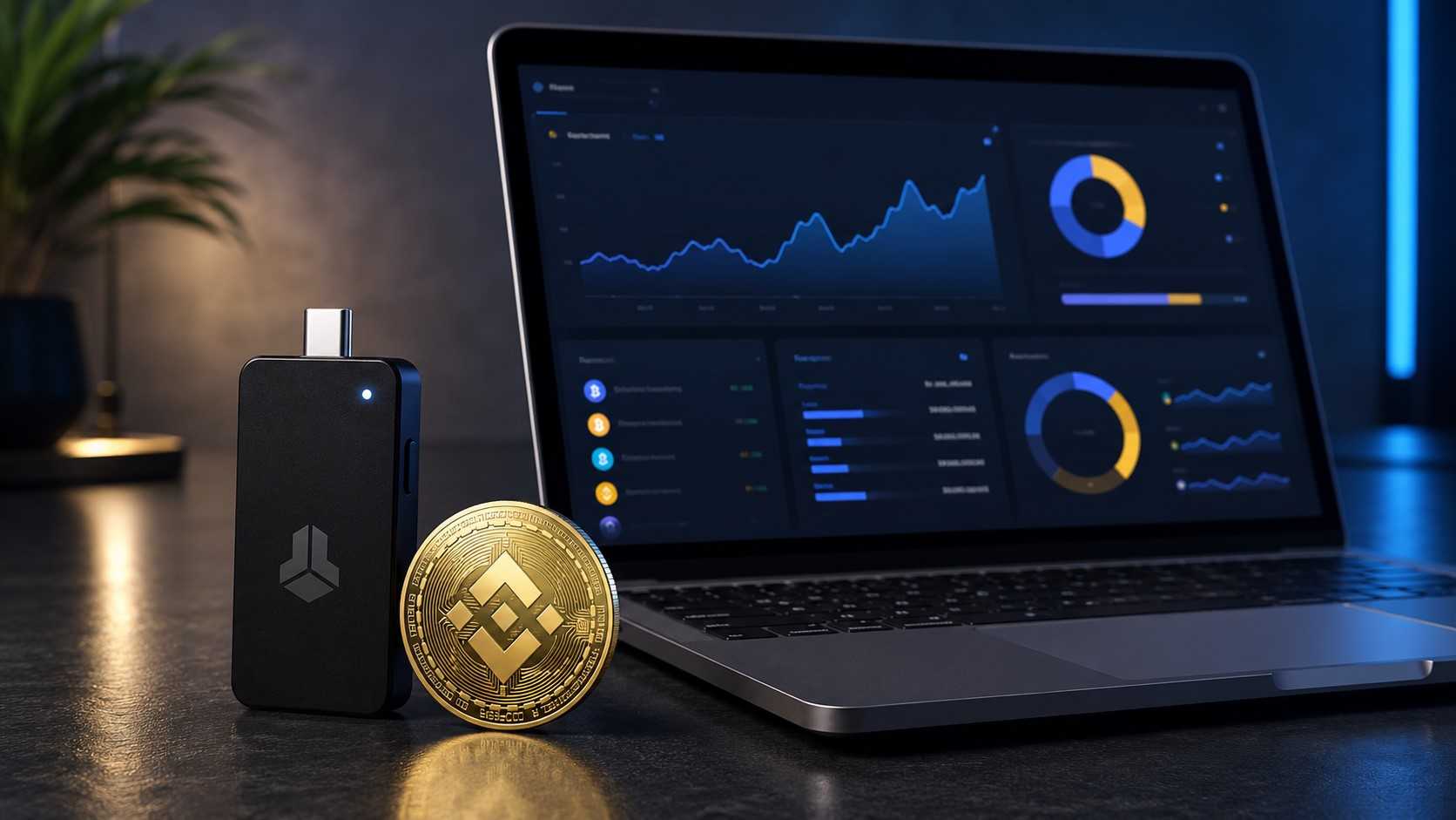 BitBox02 Nova Hardware Wallet neben einer Binance Coin und einem Laptop mit Krypto-Portfolio-Dashboard.