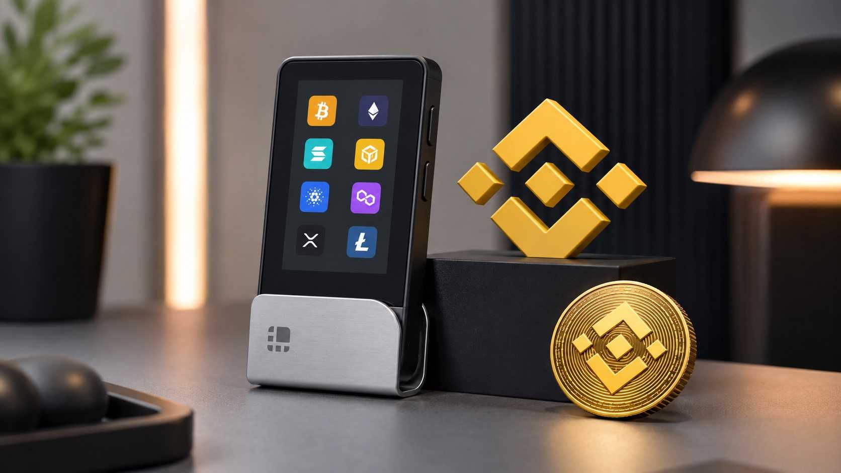 Ledger Flex Hardware Wallet mit Krypto-App-Symbolen neben BNB Chain Logo und goldener Binance Coin.