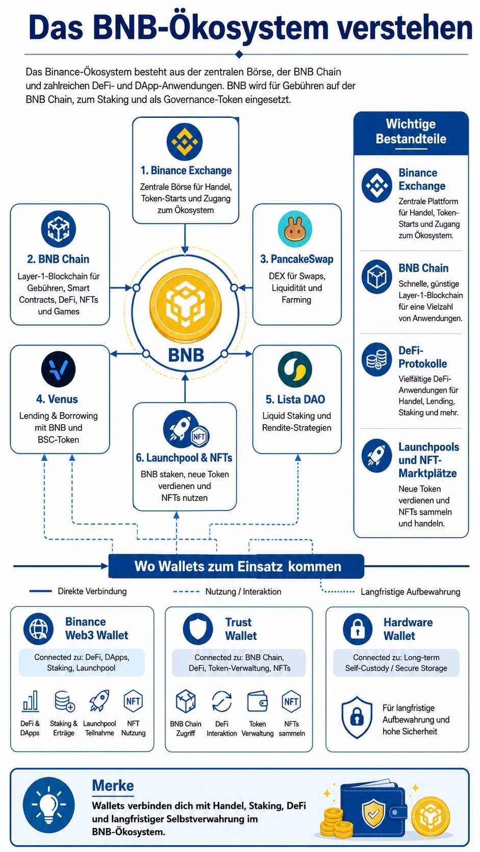 Infografik zum BNB-Ökosystem mit Binance Exchange, BNB Chain, DeFi-Protokollen, Launchpool, Trust Wallet, Binance Web3 Wallet und Hardware Wallets.