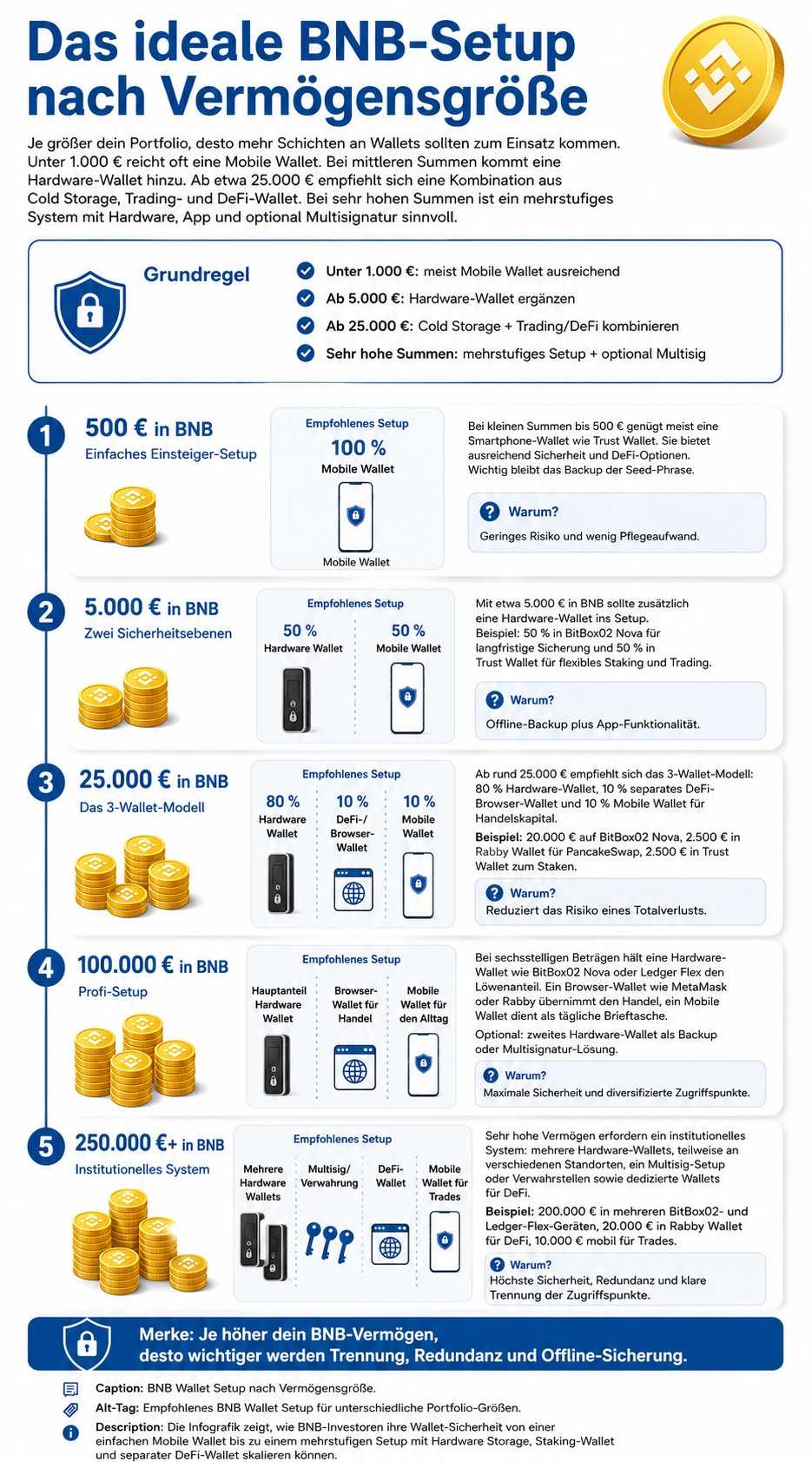 Infografik zum idealen BNB Wallet Setup nach Vermögensgröße mit Empfehlungen für Mobile Wallet, Hardware Wallet, DeFi Wallet, Trading Wallet und Multisignatur.
