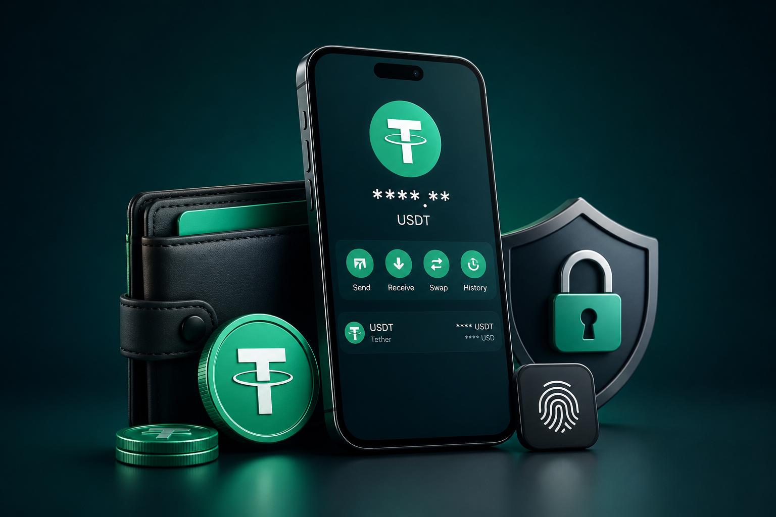 Smartphone mit USDT-Mobile-Wallet zur sicheren Verwaltung, zum Senden und Empfangen von Tether unterwegs.