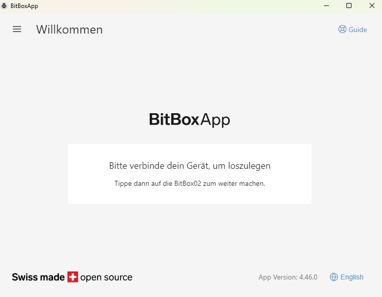 BitBoxApp Startbildschirm mit Hinweis zum Verbinden der BitBox02 Hardware-Wallet