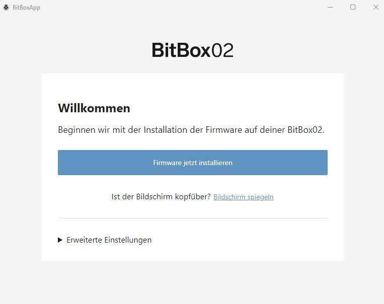 BitBox02 App zeigt Firmware Installation auf dem Willkommensbildschirm
