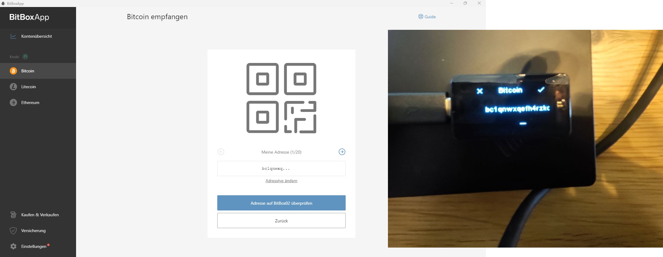 BitBox02 Adressabgleich zwischen BitBoxApp und Hardware-Wallet Display