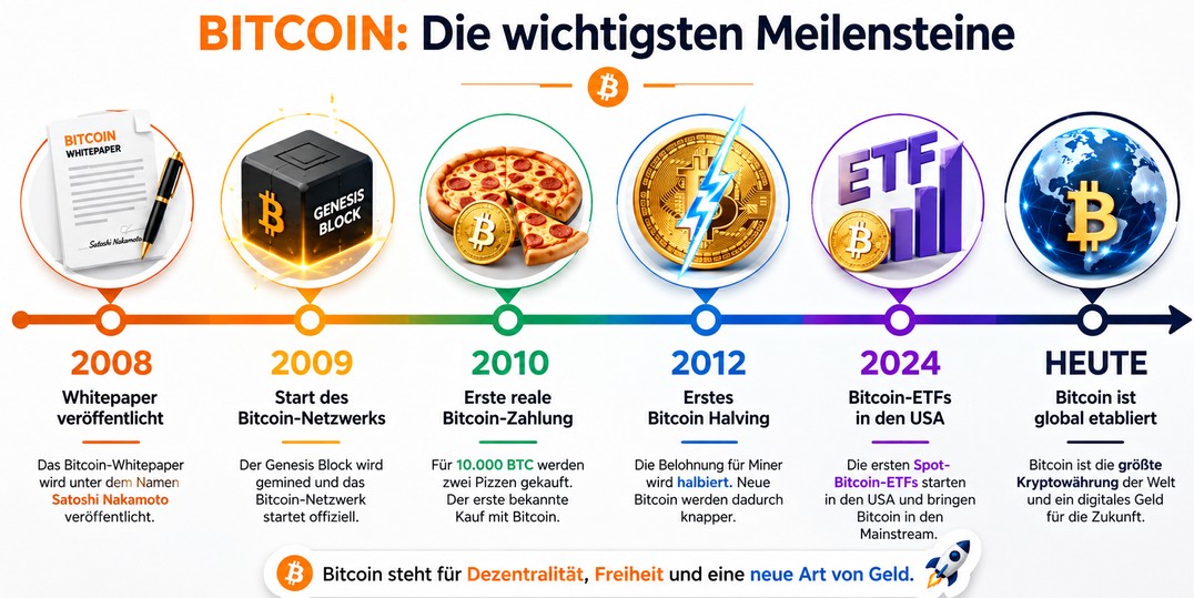 Infografik von Bitcoin mit einem Zeitstrahl der die zeitliche Entwicklung von 2008 bis heute zeigt