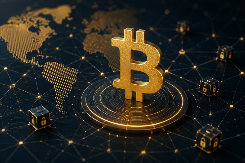 Bitcoin-Symbol vor digitalem Netzwerk mit dezentem Goldbezug als Darstellung von Bitcoin als digitalem Gold.