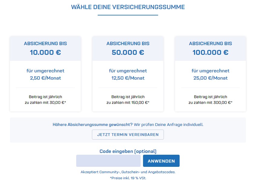 Bitsurance Preisübersicht für Bitcoin-Versicherung in Verbindung mit der BitBox02