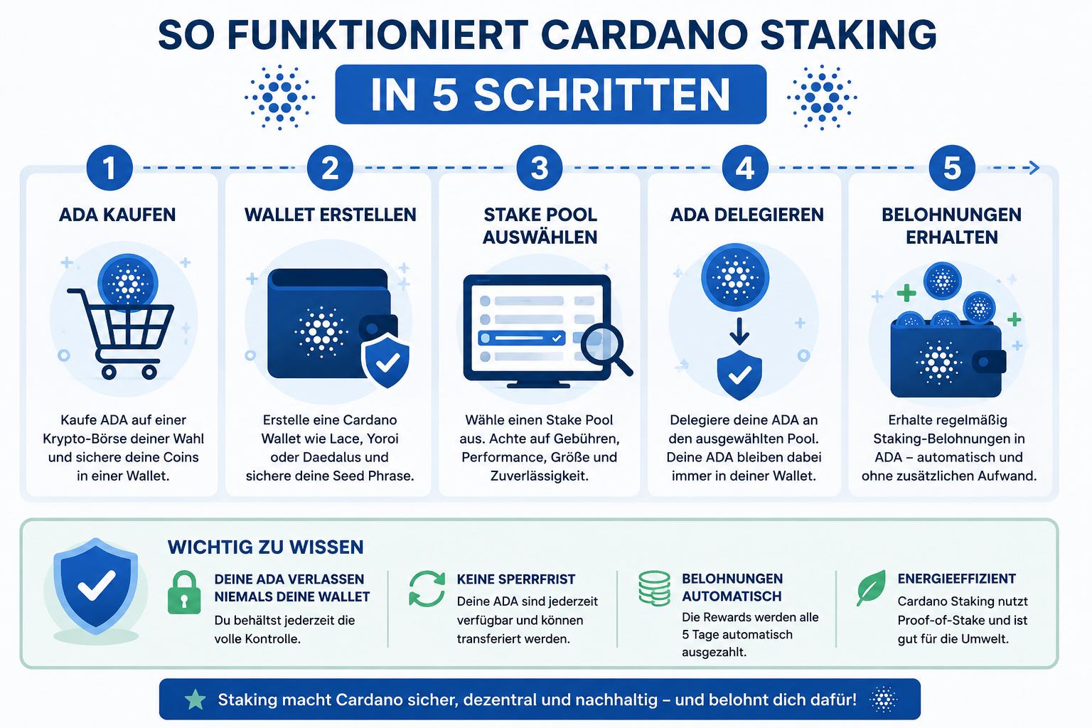 Infografik zum Cardano Staking mit den fünf Schritten ADA kaufen, Wallet erstellen, Stake Pool auswählen, ADA delegieren und Belohnungen erhalten.