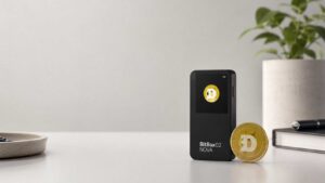BitBox02 Nova Hardware Wallet mit Dogecoin Münze auf einem neutralen Schreibtischhintergrund.