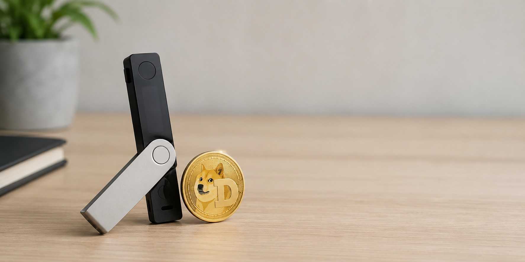 Ledger Nano X Hardware Wallet neben einer Dogecoin Münze auf einem neutralen Schreibtischhintergrund.