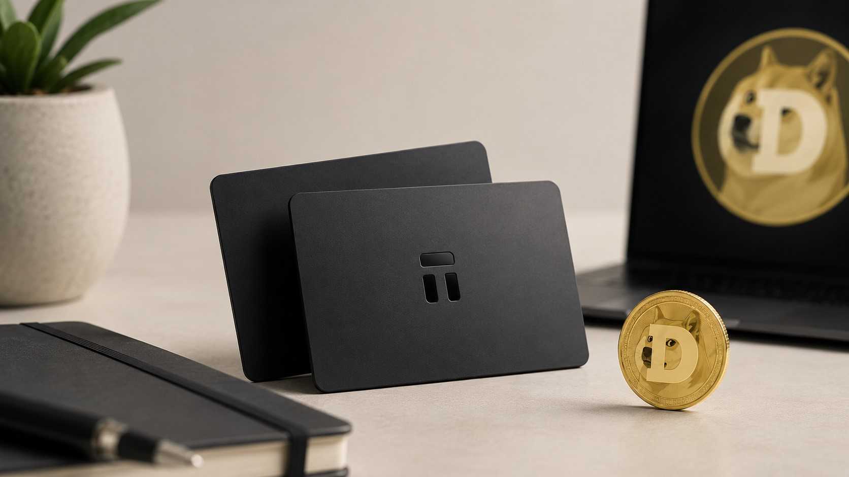 Tangem Wallet Karten neben einer Dogecoin Münze auf einem neutralen Schreibtischhintergrund.