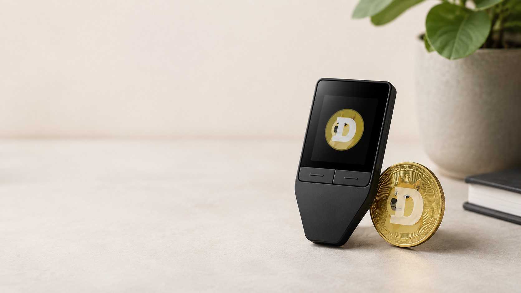 Trezor Safe 5 Hardware Wallet mit Dogecoin Symbol und Dogecoin Münze auf einem neutralen Schreibtischhintergrund.