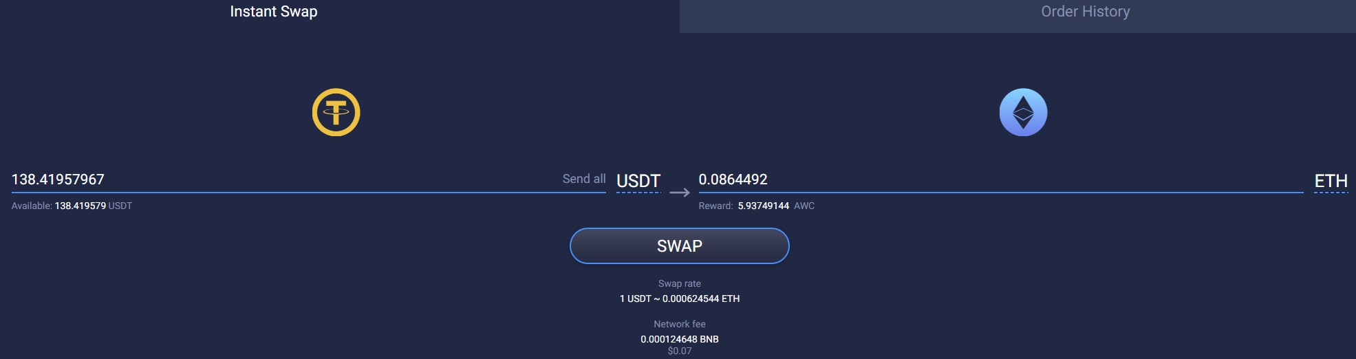 ETH Swap Detailseite von Atomic Wallet