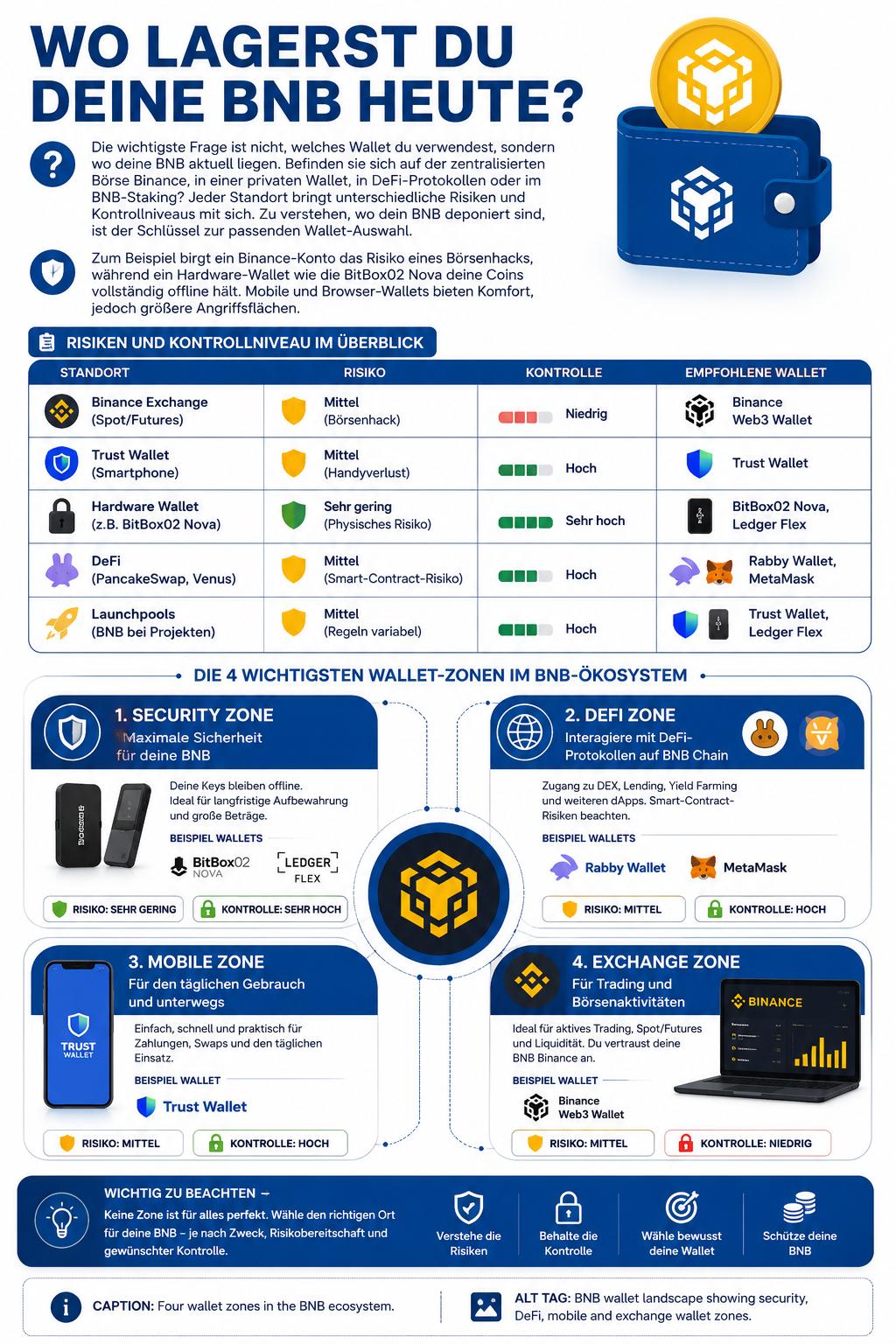 Infografik zu BNB Wallets mit Security Zone, DeFi Zone, Mobile Zone und Exchange Zone inklusive Risiken, Kontrolle und Wallet-Beispielen.