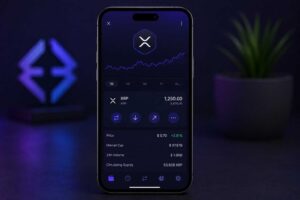Exodus Mobile Wallet auf einem Smartphone mit geöffnetem XRP-Asset, Kontostand und Funktionen für Senden, Empfangen und Tauschen von XRP.