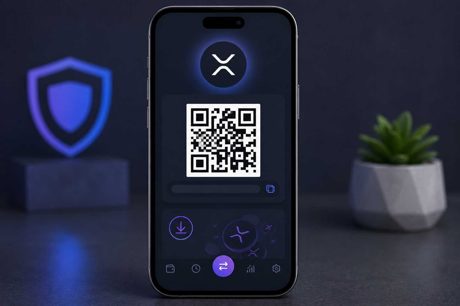 Guarda Wallet mit geöffneter XRP-Empfangsansicht, QR-Code und Wallet-Adresse zum Empfang von XRP-Transaktionen.