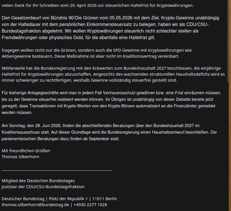 Krypto-Steuer Haltefrist Email CSU