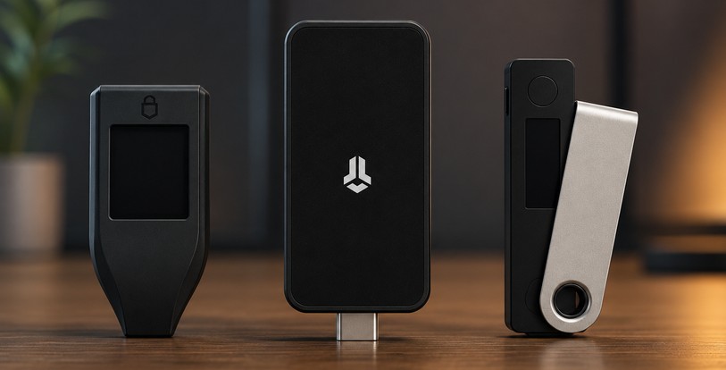 Bitcoin Hardware Wallets stehen auf dem Tisch nebeneinander