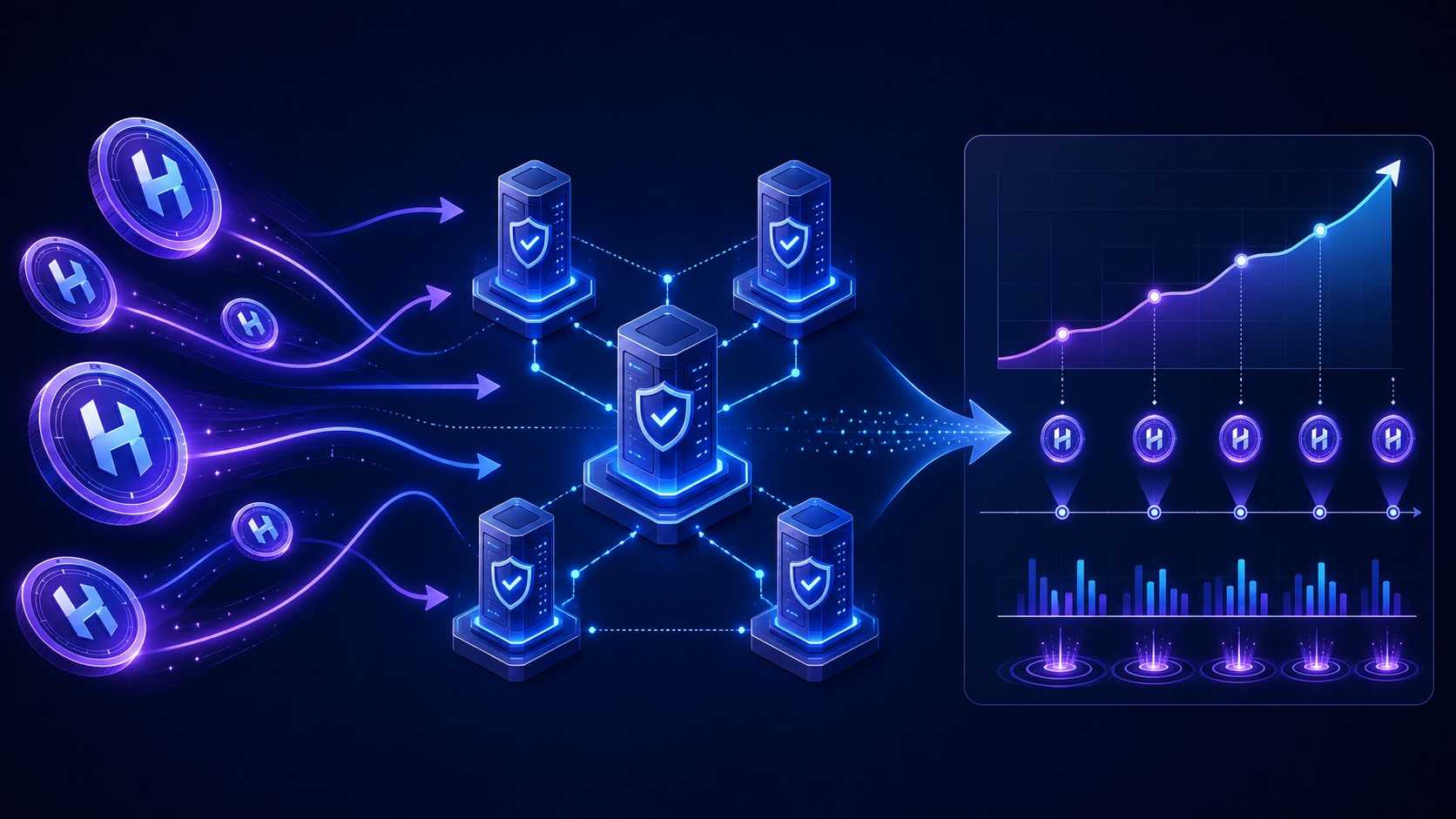 Diagramm zur Hyperliquid Staking Mechanik mit HYPE Token Delegation an Validatoren und Rewards Timeline.