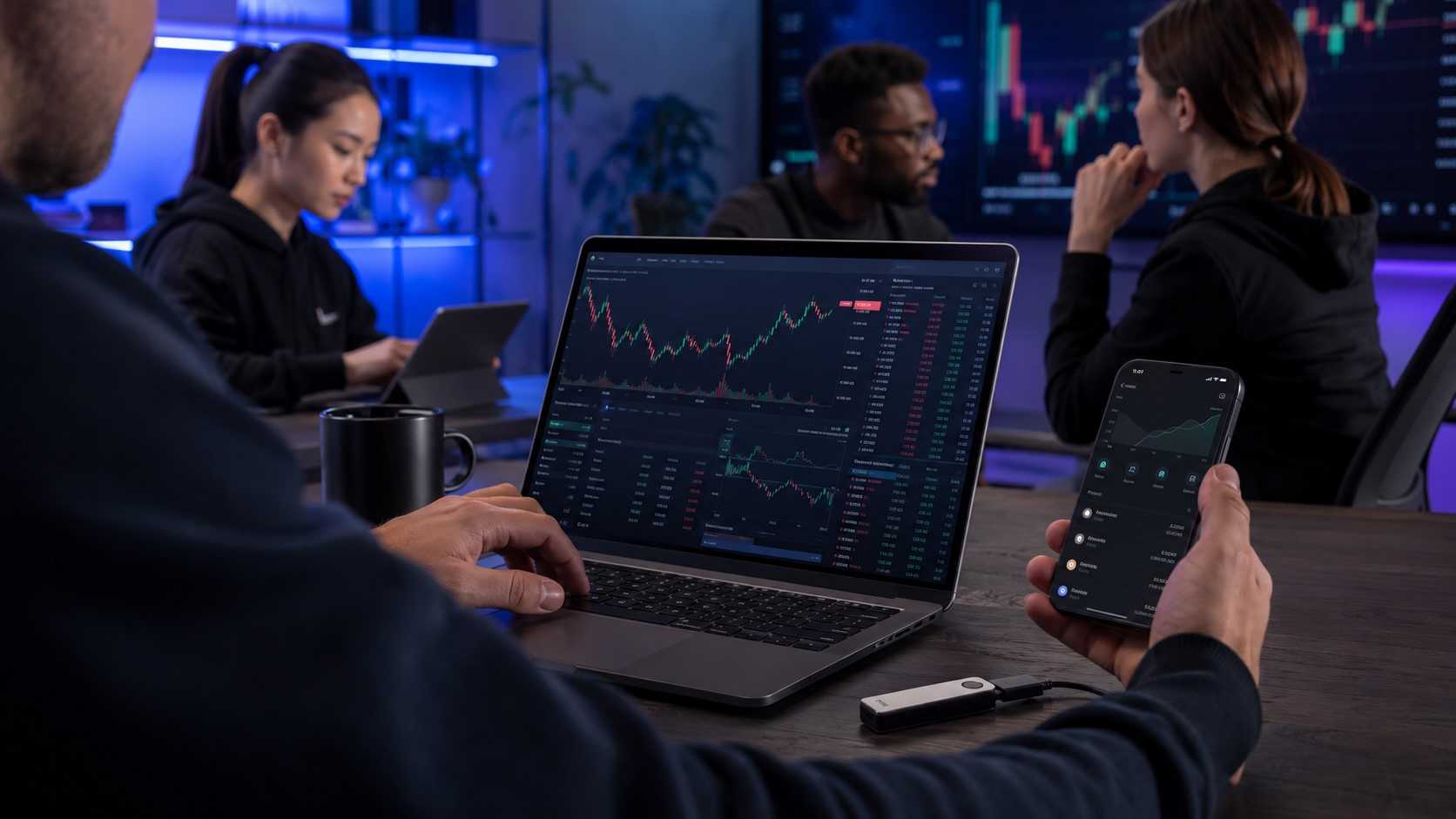 Hyperliquid Trader mit Laptop, On-Chain-Charts, Smartphone-Wallet und Hardware Wallet auf einem Trading-Schreibtisch.