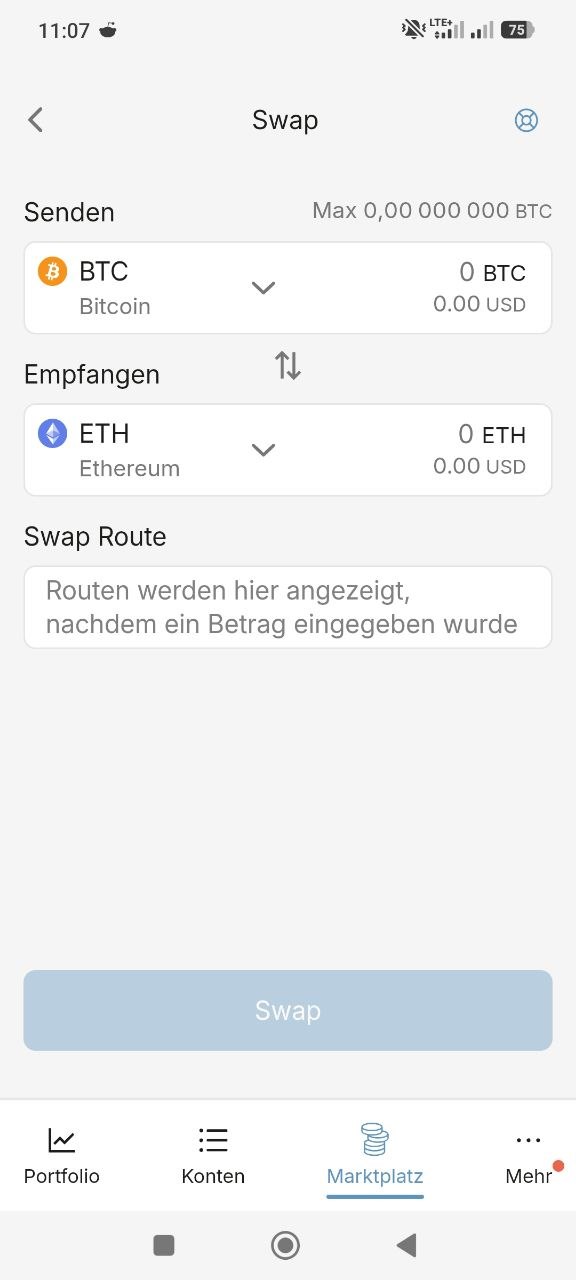 Mobile BitBoxApp zeigt Swap-Funktion für den Tausch von Bitcoin zu Ethereum.