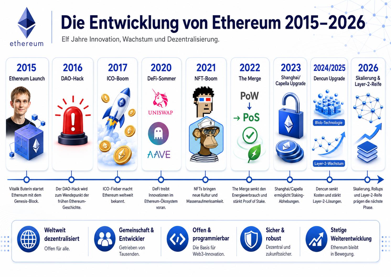 Infografik zur Entwicklung von Ethereum von 2015 bis 2026 mit Zeitstrahl zu Launch, DAO-Hack, ICO-Boom, DeFi, NFTs, The Merge, Shanghai/Capella, Dencun und Layer-2-Skalierung.