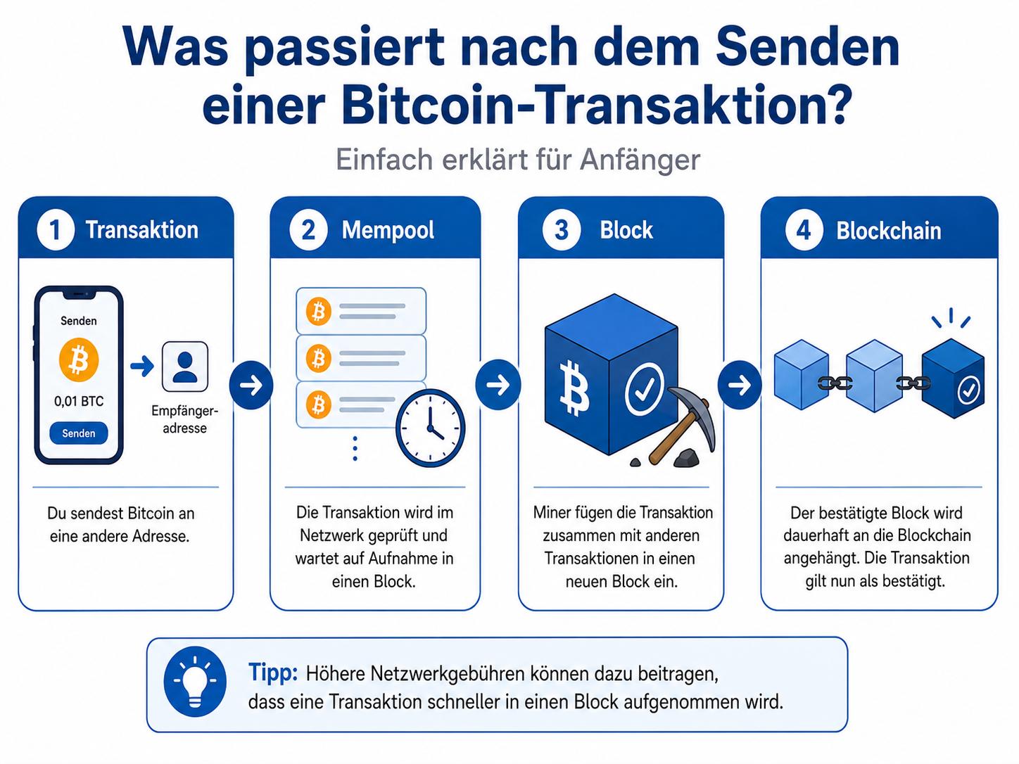 Bitcoin Transaktion Ablauf von Transaktion über Mempool und Block bis zur Blockchain einfach erklärt.