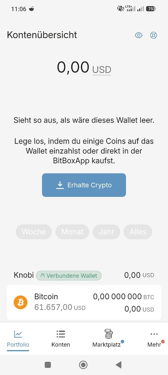 Mobile BitBoxApp mit Kontenübersicht eines verbundenen Bitcoin Wallets ohne Guthaben.