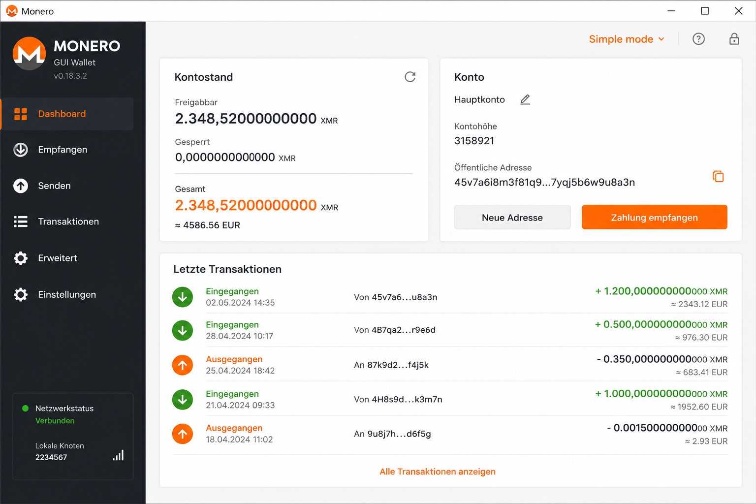 Monero GUI Wallet Benutzeroberfläche
