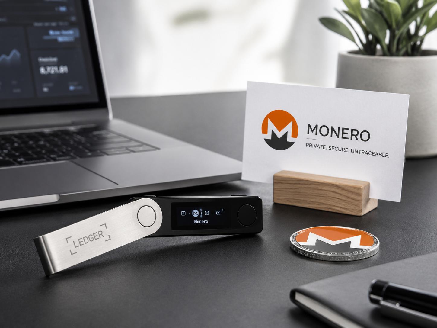 Ledger Nano X hardware wallet next to Monero logo on a modern desk setup for secure XMR storage