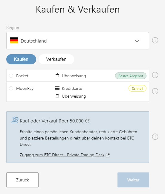 Pocket und MoonPay als Zahlungsanbieter in der BitBoxApp für Kaufen und Verkaufen