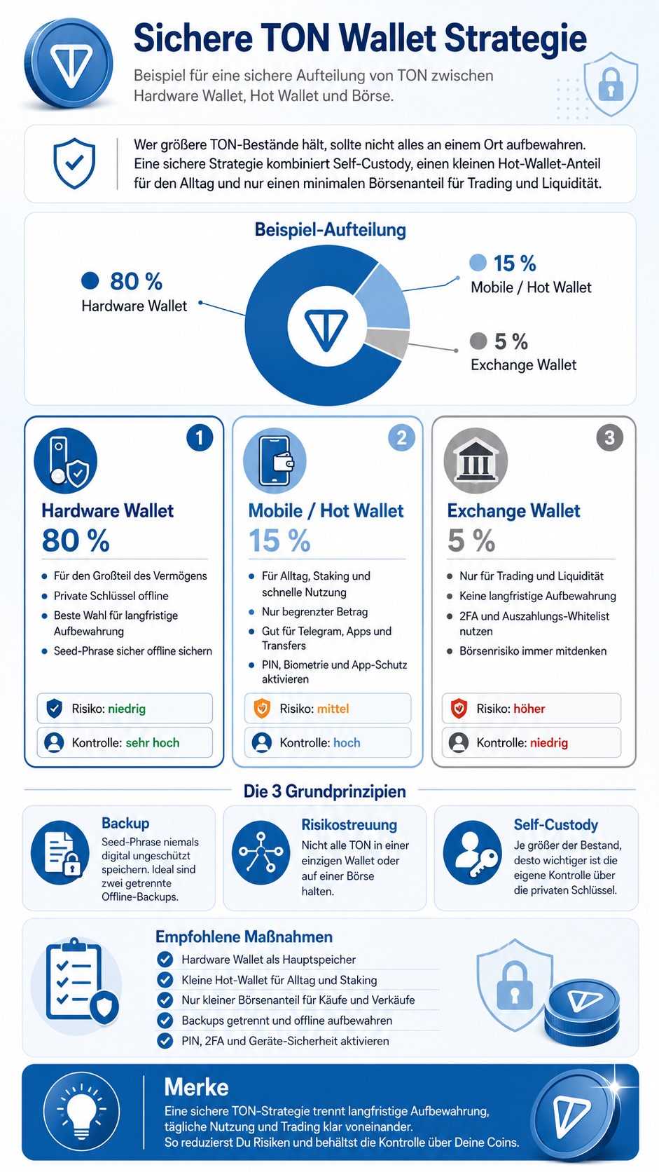 Sichere TON Wallet Strategie mit Hardware Wallet, mobiler Wallet und Exchange-Anteil.