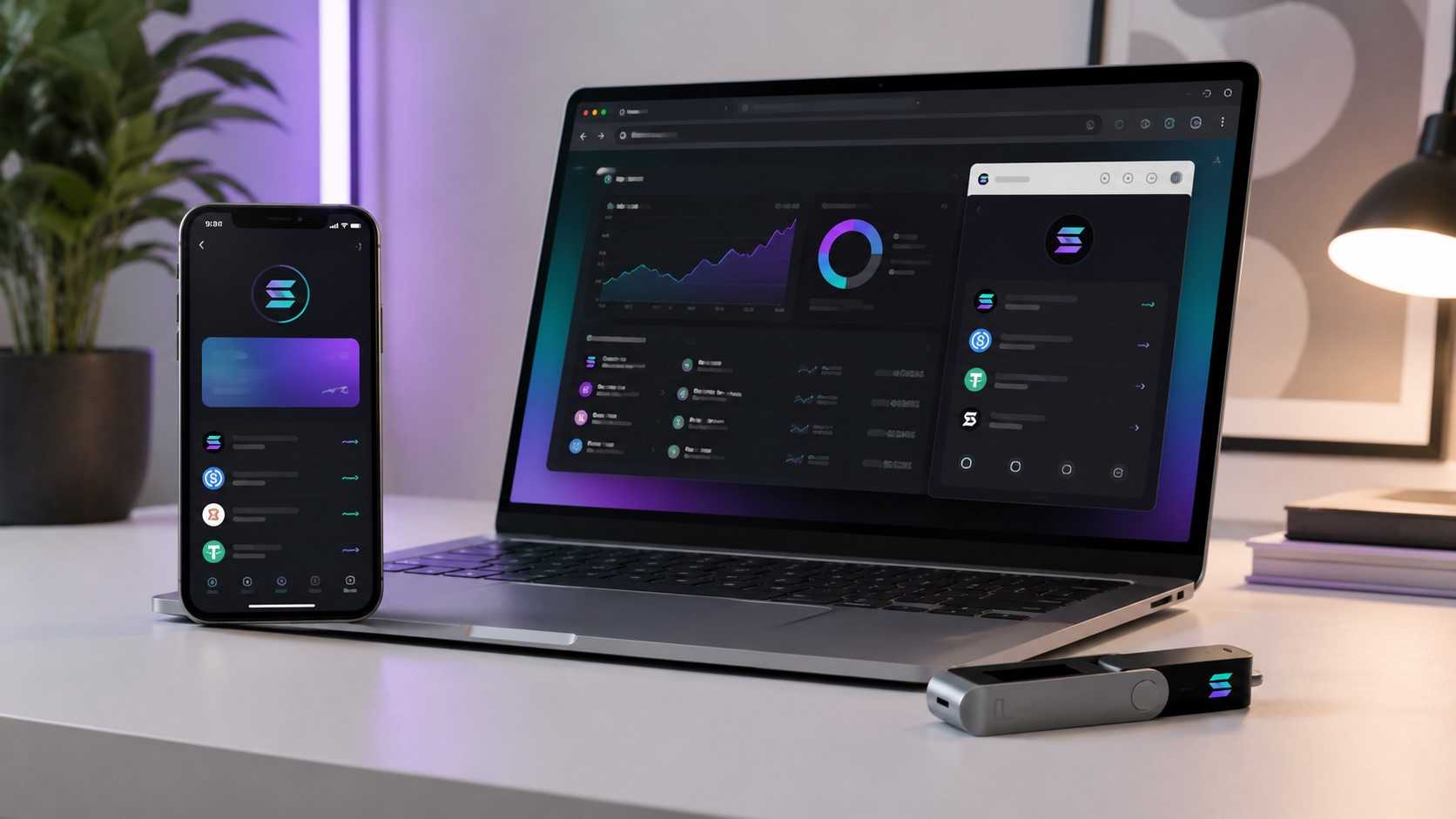 Solana Wallet Setup mit Smartphone Wallet App, Browser-Erweiterung auf einem Laptop und Hardware Wallet auf einem cleanen Schreibtisch.