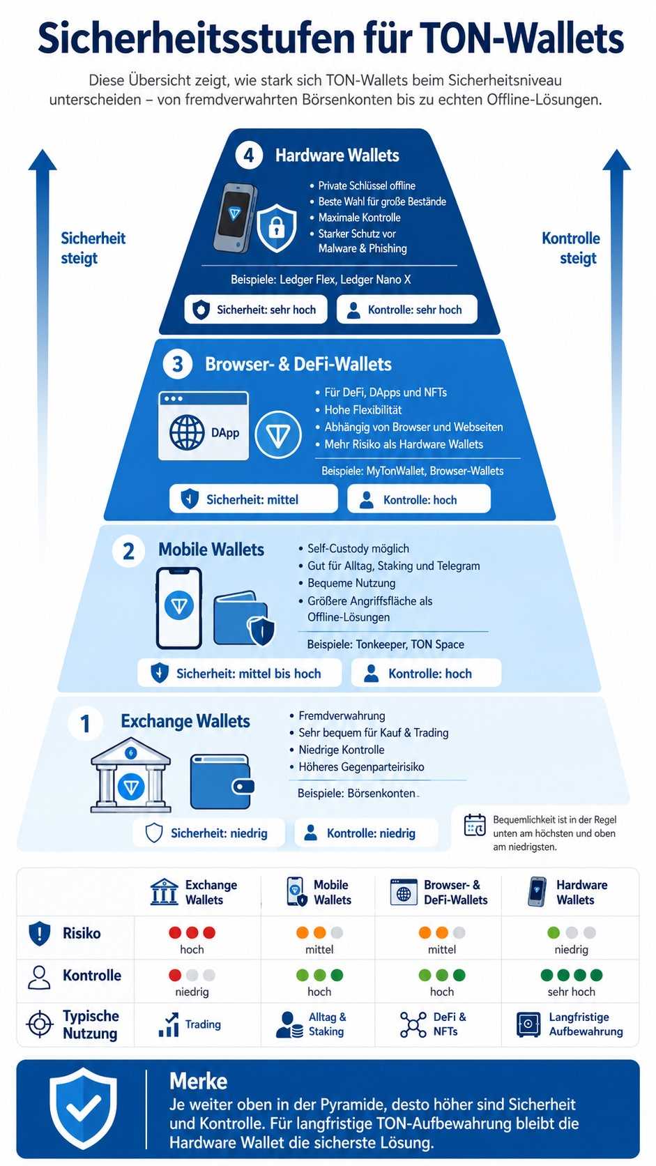 TON Wallet Sicherheitsstufen als Pyramide mit Exchange Wallets, Mobile Wallets, Browser- und DeFi-Wallets sowie Hardware Wallets.