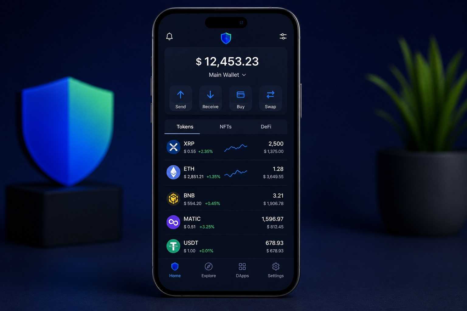 Trust Wallet mit gemeinsamer Übersicht von XRP- und Ethereum-Beständen auf einem Smartphone-Bildschirm.