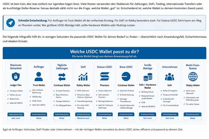 Infografik zum Vergleich der besten USDC Wallets für Anfänger, DeFi-Nutzer, Solana-Anwender, Base-Nutzer, Unternehmen und langfristige Investoren.
