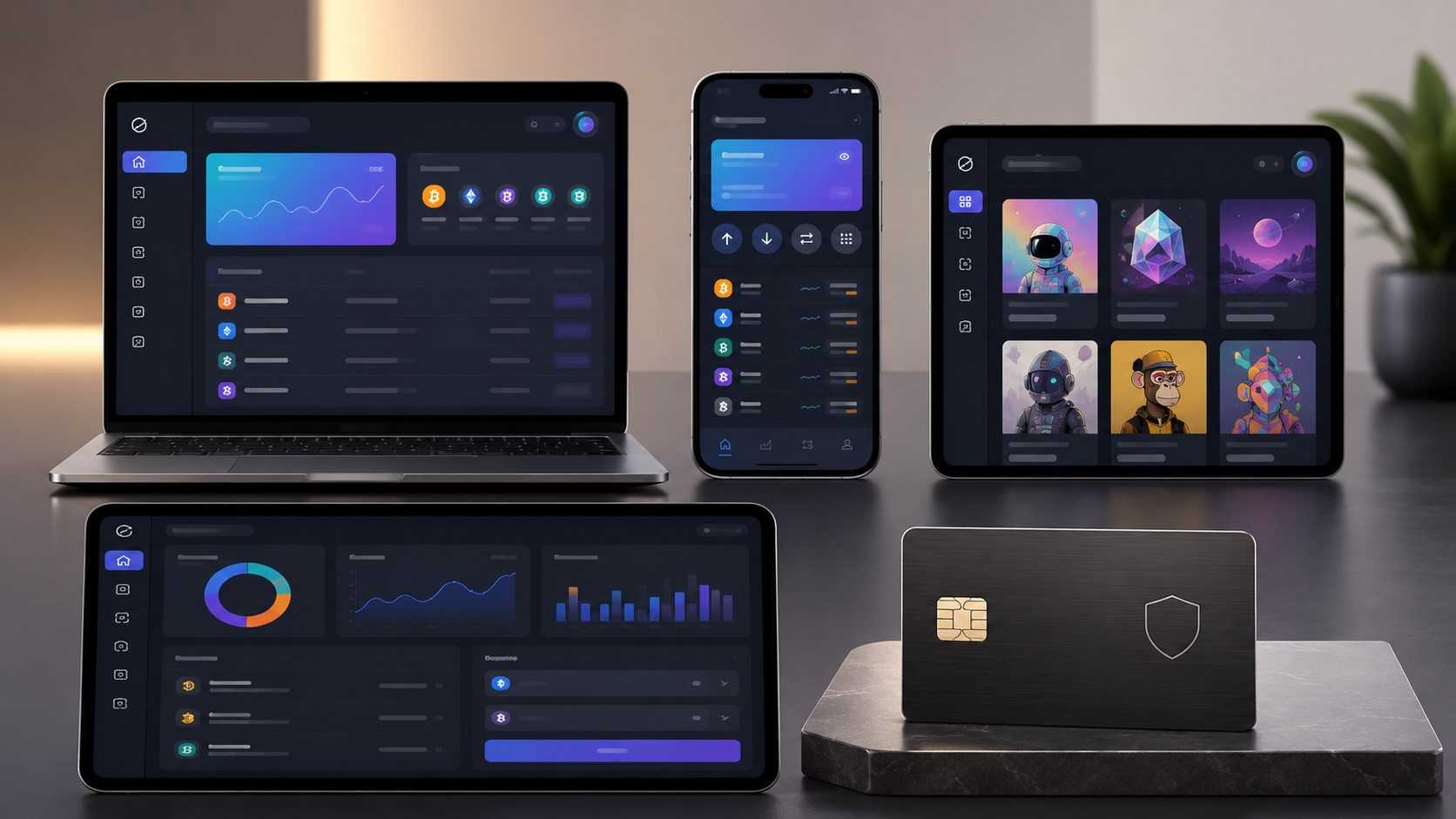 Vergleich verschiedener Krypto Wallet Typen mit Browser Wallet, Mobile Wallet, NFT Wallet, DeFi Dashboard und Hardware Wallet