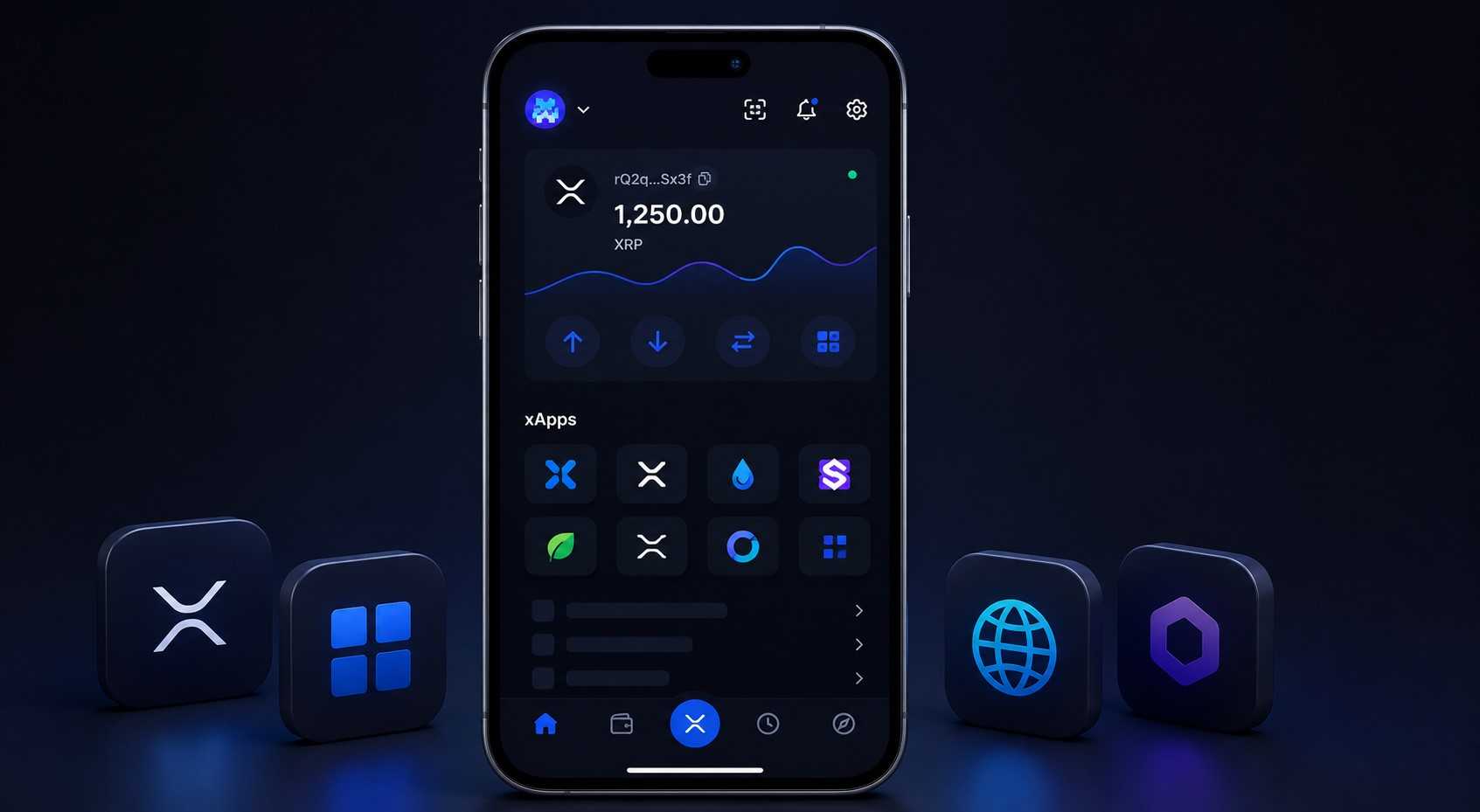 Startbildschirm der Xaman Wallet mit XRP-Kontoübersicht und integrierten xApps für Anwendungen im XRP-Ledger-Ökosystem.
