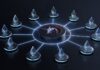 3D-Illustration eines vernetzten Liquiditätsnetzwerks mit zentralem Knoten und mehreren verbundenen Blockchain-Netzwerken.