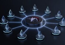 1inch startet Aqua auf 13 Blockchains und vereinfacht die Bereitstellung von Liquidität 3D-Illustration eines vernetzten Liquiditätsnetzwerks mit zentralem Knoten und mehreren verbundenen Blockchain-Netzwerken.