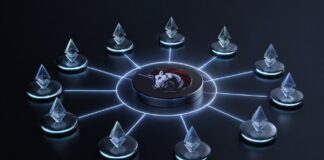 3D-Illustration eines vernetzten Liquiditätsnetzwerks mit zentralem Knoten und mehreren verbundenen Blockchain-Netzwerken.